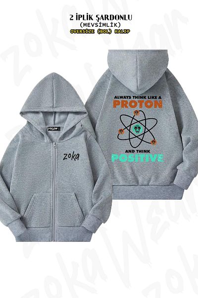 ZOKAWEAR Oversize Physics Atom Proton Positive Back Printed Zipper Hooded Grey Cardigan (2 νήματα)
