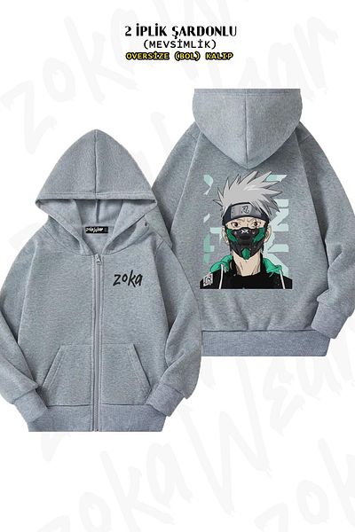 ZOKAWEAR Χαρακτήρας Naruto Hatake Kakashi - Γκρι ζακέτα με φερμουάρ και κουκούλα (2 κλωστές)