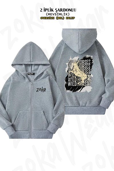 ZOKAWEAR Ιππασία Wild Horses - Γκρι ζακέτα με φερμουάρ και κουκούλα (2 κλωστές)