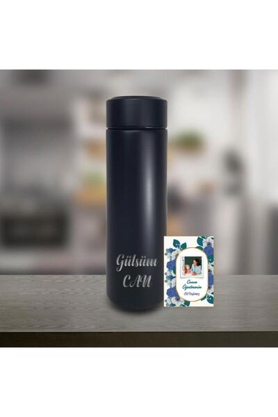 Hediye Kesesi Kişiye Özel Öğretmenler Günü Özel Dijital Sıcaklık Göstergeli Süzgeçli Siyah Termos 450 Ml Hk2343
