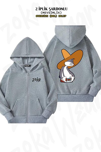 ZOKAWEAR Oversize Bugs Bunny V2 - Πίσω στάμπα, γκρι ζακέτα με κουκούλα με φερμουάρ (2 κλωστές)