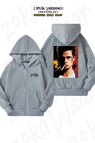 ZOKAWEAR Brad Pitt - Tyler Durden Fight Club Grey Oversize ζακέτα με στάμπα στην πλάτη, φερμουάρ και κουκούλα (2 κλωστές)