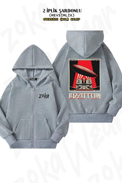 ZOKAWEAR Led Zeppelin Back Printed - Γκρι ζακέτα με κουκούλα με φερμουάρ (2 κλωστές)