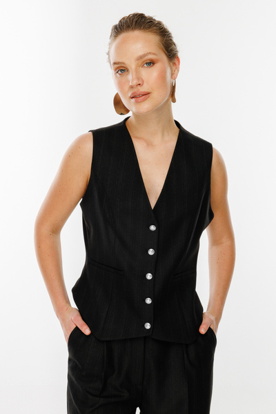 Ekol Simli Çizgili Düğmeli Yelek Siyah-6511