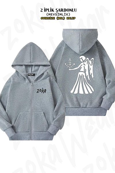 ZOKAWEAR Virgo Astrology Pattern - Γκρι υπερμεγέθη ζακέτα με φερμουάρ και κουκούλα (2 κλωστές)