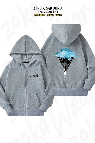 ZOKAWEAR Ζακέτα Paragliding v2 Grey Oversize - Πίσω στάμπα, φερμουάρ, κουκούλα (2 κλωστές)