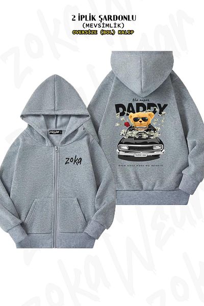 ZOKAWEAR Tedi Daddy Vip - Πίσω στάμπα, φερμουάρ, γκρι ζακέτα με κουκούλα (2 κλωστές)