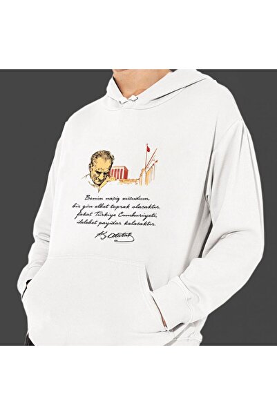 Hediye Kesesi سويت شيرت أبيض بقلنسوة مطبوع عليه أتاتورك للجنسين Hk2290