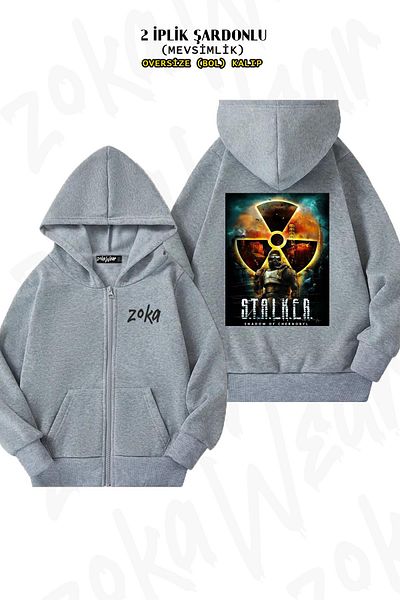 ZOKAWEAR Oversize S.t.a.l.k.e.r. Γκρι ζακέτα με φερμουάρ στην πλάτη (2 κλωστές)