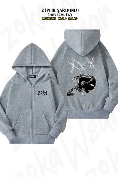ZOKAWEAR Neon Xxxtentacion Oversize Grey Cardigan - Back Print, Zipper, Hoodie (2 Thread)