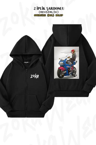 ZOKAWEAR سترة صوفية سوداء بغطاء للرأس بسحاب مطبوع عليها محرك سباق أزرق كبير ا...