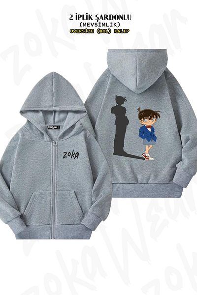 ZOKAWEAR Conan (DETECTIVE CONAN) Εκτύπωση πλάτης - Γκρι ζακέτα με κουκούλα με φερμουάρ (2 κλωστές)