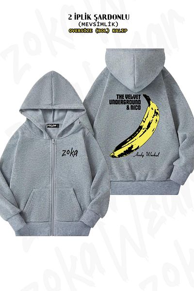 ZOKAWEAR The Velvet Underground x2 Grey Oversize Hooded Cardigan - Πίσω στάμπα, φερμουάρ (2 κλωστές)