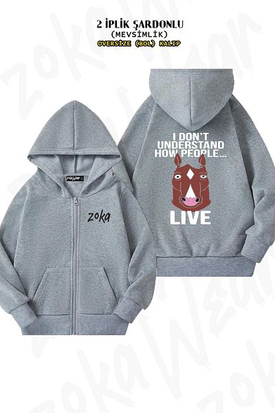ZOKAWEAR Bojack Horseman Back Printed Grey Oversize Cardigan - Φερμουάρ και κουκούλα (2 κλωστές)