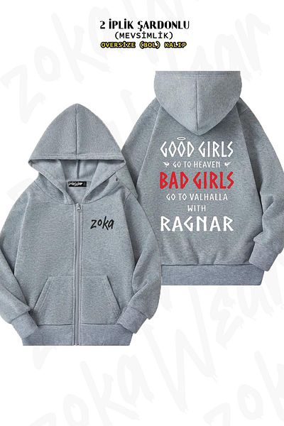ZOKAWEAR Oversize Bad Girls Vikings Back Printed Zipper Hooded Grey Cardigan (2 νήματα)