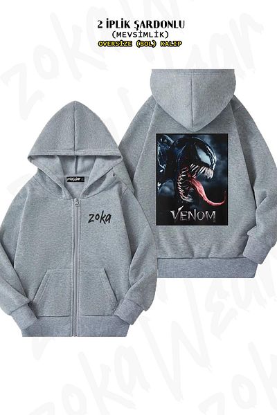 ZOKAWEAR Υπερμεγέθη αφίσα με φερμουάρ πίσω τυπωμένη γκρι ζακέτα με κουκούλα (2 κλωστές)