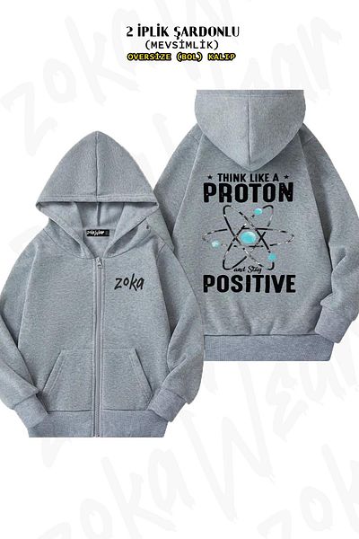 ZOKAWEAR Oversize Atom Proton Back Printed Zipper Hooded Grey Cardigan (2 νήματα)