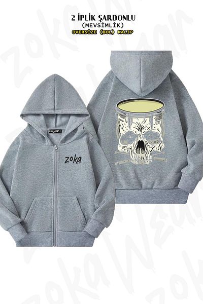 ZOKAWEAR Drum v6 Back Printed - Γκρι ζακέτα με κουκούλα με φερμουάρ (2 κλωστές)