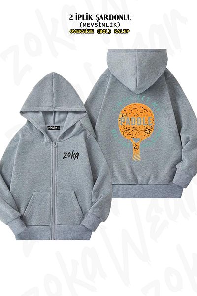 ZOKAWEAR Γκρι ζακέτα με κουκούλα με φερμουάρ στην πλάτη πινγκ πονγκ μεγάλου μεγέθους (2 κλωστές)