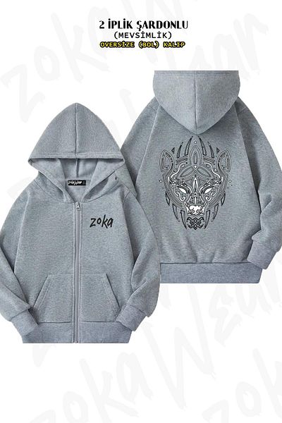 ZOKAWEAR Viking Bear Back Printed - Γκρι ζακέτα με κουκούλα με φερμουάρ (2 κλωστές)
