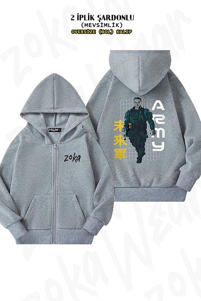 ZOKAWEAR Oversize Japanese Warrior Back Printed Grey Hooded Cardigan - Φερμουάρ, 2 κλωστές