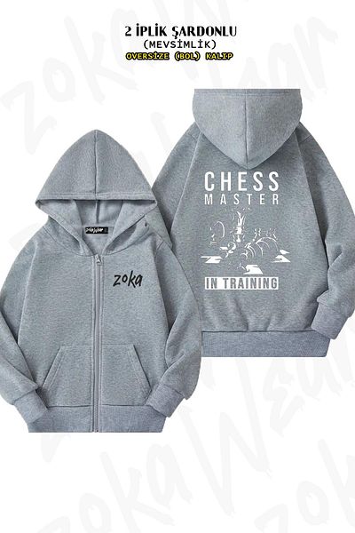 ZOKAWEAR Oversize Chess Master In Training Chess Back Printed Zipper Hooded Grey Cardigan (2 κλωστές)