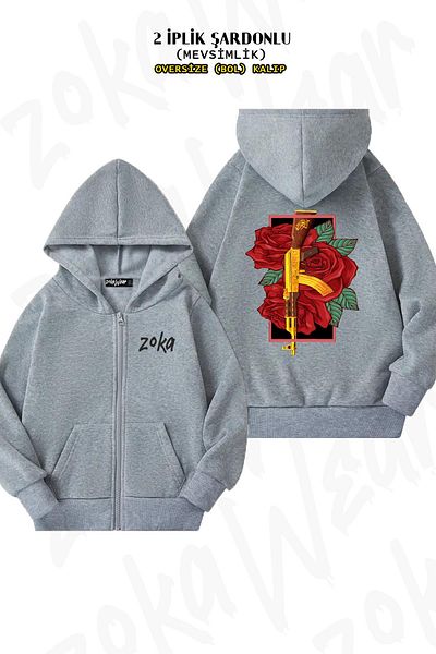 ZOKAWEAR Υπερμεγέθη τριαντάφυλλο και πιστόλι με στάμπα με φερμουάρ και γκρι ζακέτα (2 κλωστές)