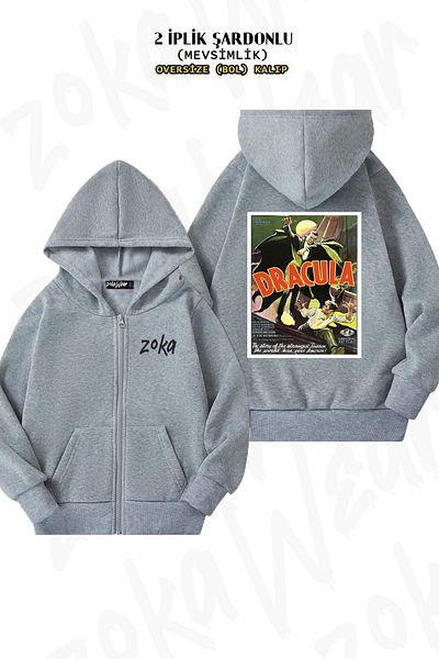 ZOKAWEAR Dracula Classic Movie Back Printed Grey Oversize Cardigan - Φερμουάρ και κουκούλα (2 κλωστές)