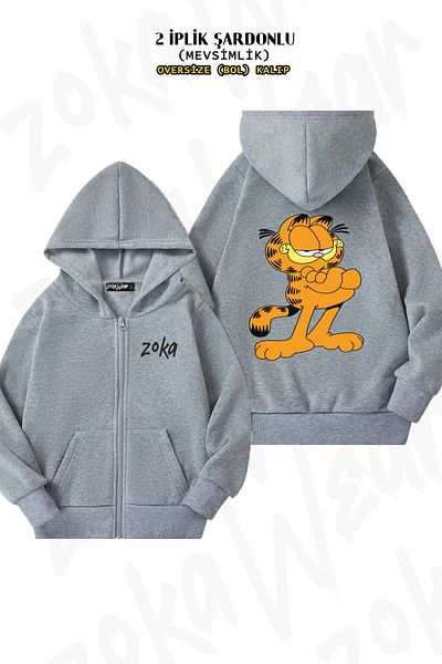 ZOKAWEAR Υπερμεγέθη garfield προσαρμοσμένη πίσω στάμπα με φερμουάρ με κουκούλα γκρι ζακέτα (2 κλωστές)