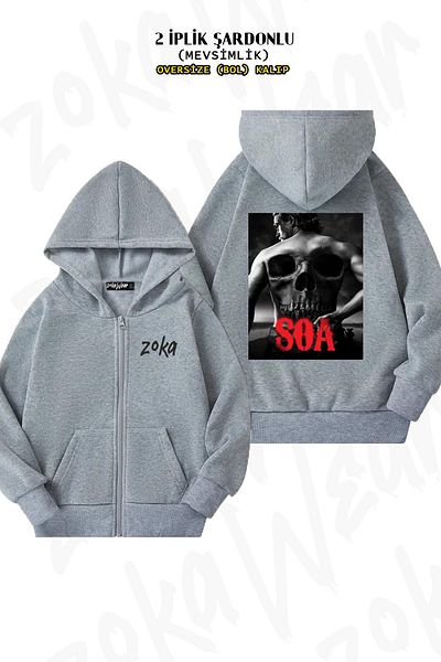 ZOKAWEAR Oversize Soa Sons Of Anarchy Back Printed Zipper Hooded Grey Cardigan (2 νήματα)