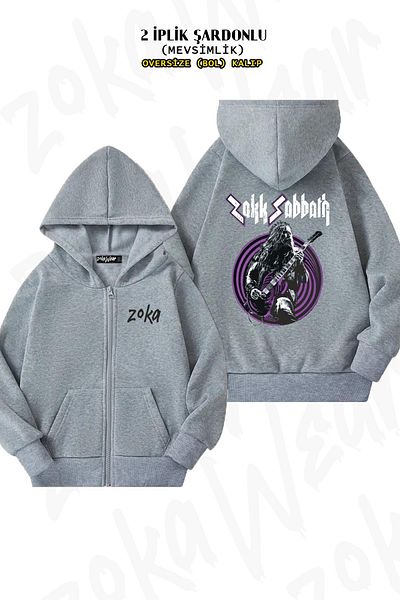 ZOKAWEAR Black Label Society v3 - Γκρι ζακέτα με κουκούλα με φερμουάρ στην πλάτη (2 κλωστές)