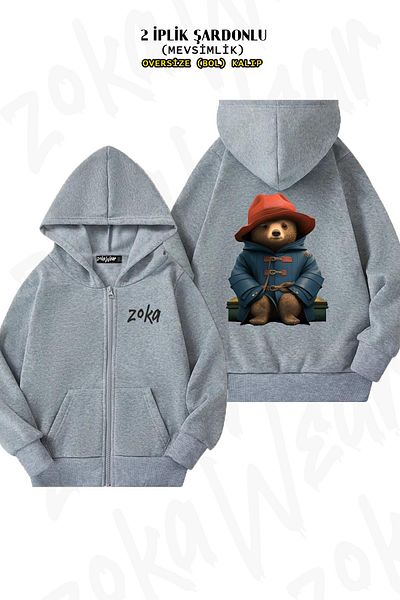 ZOKAWEAR Paddington Bear Oversize Grey Cardigan - Εκτύπωση με κοστούμι στην πλάτη, κουκούλα με φερμουάρ (2 κλωστές)