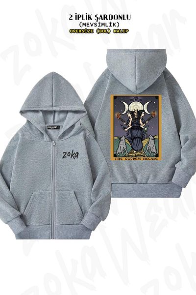 ZOKAWEAR Hecate Triple Moon Goddess Pattern - Gray Oversize Cardigan with Zipper and Hood (2 Thread)