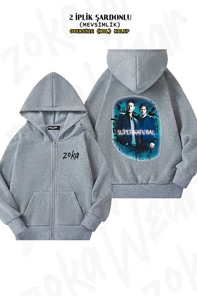 ZOKAWEAR Oversize Supernatural 2 Back Printed με φερμουάρ και κουκούλα γκρι ζακέτα (2 κλωστές)
