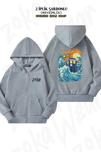 ZOKAWEAR The Great Kanagawa Wave and Tardis Print - Γκρι ζακέτα μεγάλου μεγέθους με φερμουάρ και κουκούλα (2 κλωστές)