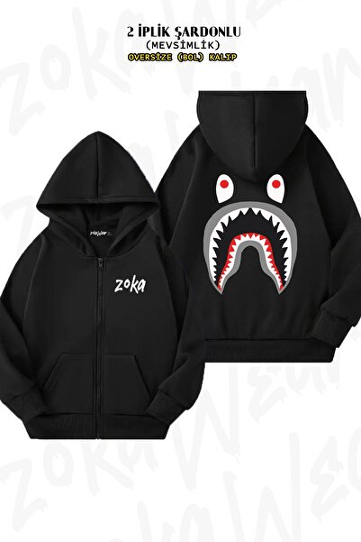 ZOKAWEAR Oversize bape Shark grey Sırt Baskılı Fermuarlı Kapşonlu Siyah Hırka (2 İplik)
