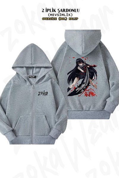 ZOKAWEAR Akame Ga Kill Anime Grey Oversize Ζακέτα - Πίσω στάμπα, φερμουάρ και κουκούλα (2 κλωστές)