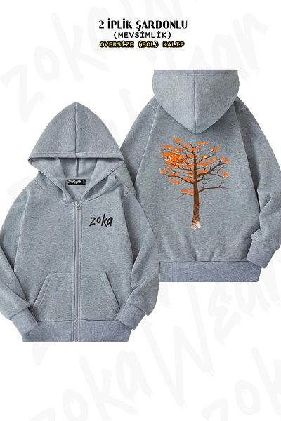 ZOKAWEAR Fox Fox Oversize Grey Cardigan - Μοτίβο με φύλλα δέντρου, φερμουάρ και κουκούλα (2 κλωστές)