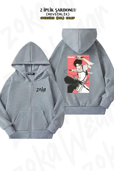 ZOKAWEAR Oversize Attack On Titan Levi Ackerman Anime Back Printed με φερμουάρ με κουκούλα γκρι ζακέτα (2 κλωστές)