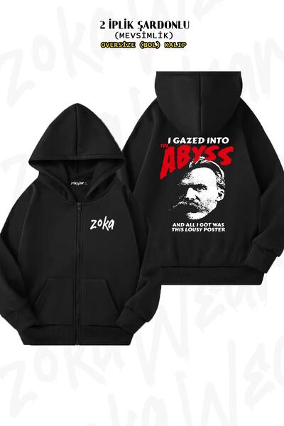 ZOKAWEAR كارديجان أسود كبير الحجم من Philosopher Abyss - طباعة خلفية، سحاب، ه...