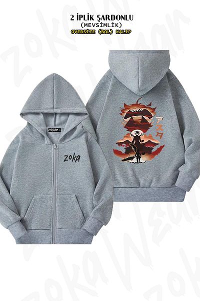 ZOKAWEAR Oversize Black Clover 3 Back Printed με φερμουάρ και γκρι ζακέτα (2 κλωστές)
