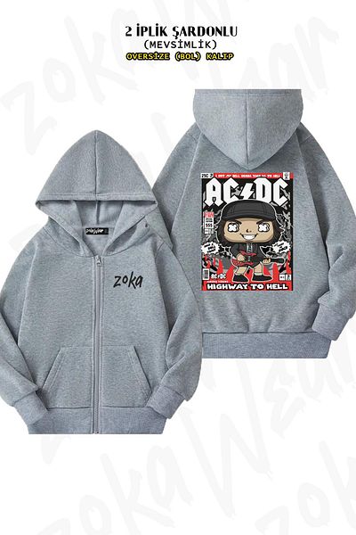 ZOKAWEAR Acdc Special Back Printed - Γκρι ζακέτα με κουκούλα με φερμουάρ (2 κλωστές)