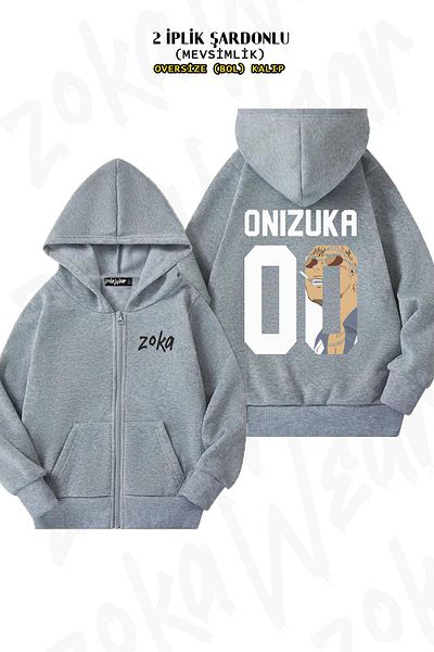 ZOKAWEAR Oversize Onizuka πίσω με στάμπα με φερμουάρ και κουκούλα γκρι ζακέτα (2 κλωστές)