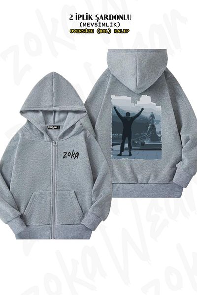 ZOKAWEAR Rocky Printed Oversize Grey Cardigan - Hoodie, Zipper, 2 νήματα