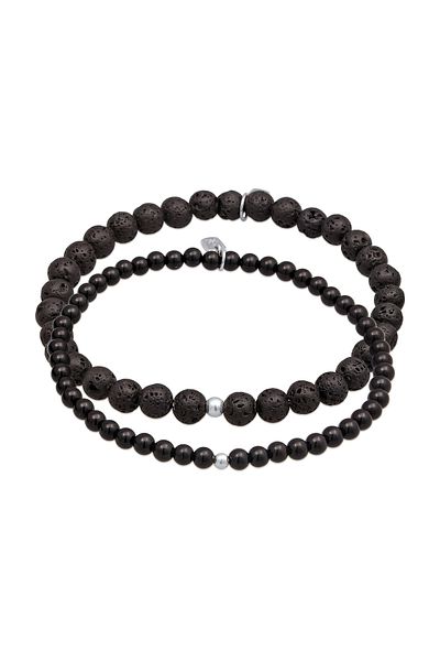 KUZZOI Armband Lava Onyx Edelstein Perlen Set 925 Silber