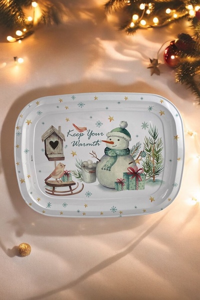 Dore Voir Kardan Adam Desenli Mini Metal Tepsi- 30 Cm X 23,5 Cm / Yılbaşı Teması