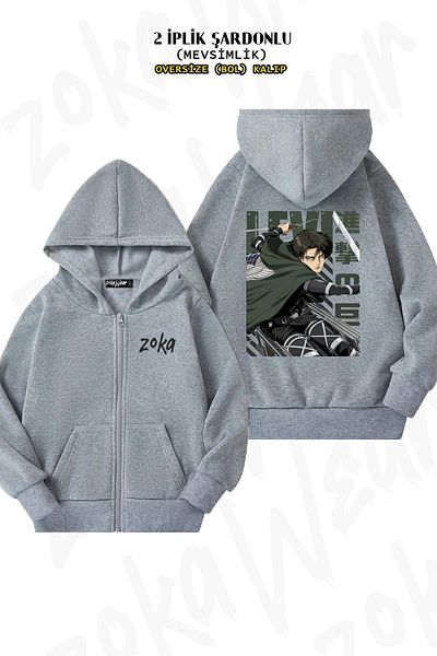 ZOKAWEAR Oversize Attack On Titann Levi Ackerman Anime Back Printed με φερμουάρ και γκρι ζακέτα (2 κλωστές)