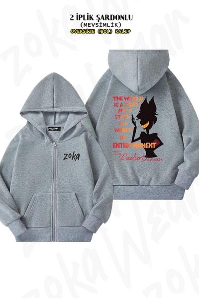 ZOKAWEAR Radio Demon Pattern - Γκρι υπερμεγέθη ζακέτα με φερμουάρ και κουκούλα (2 κλωστές)