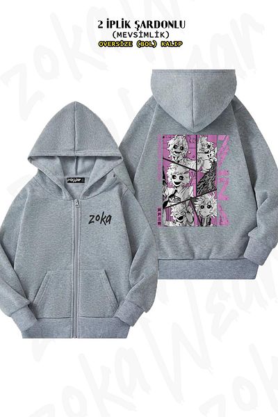 ZOKAWEAR Oversize My Hero Academia Mina Ashidoo Back Printed Zipper Hooded Grey Cardigan (2 νήματα)