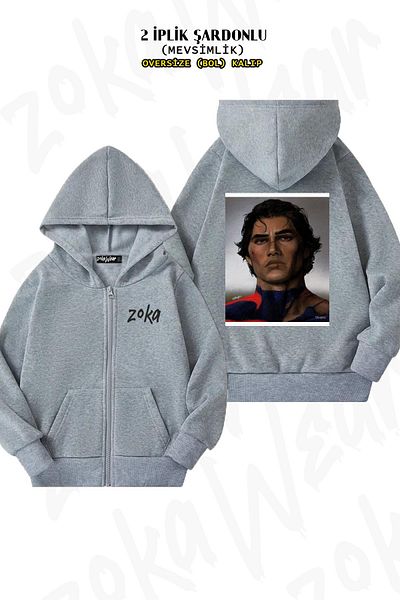 ZOKAWEAR Miguel O'hara 2 Grey Oversize Cardigan - Πίσω στάμπα με φερμουάρ και κουκούλα (2 κλωστές)